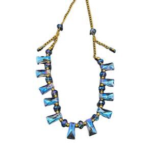 Gold Tone Crystal Aurora Borealis Statement Necklace Blue Purple Iridescent Read